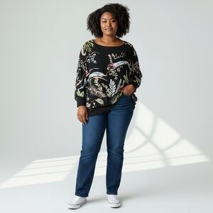 Karen Kane Black Floral Blouse Sz 3X Sheer Dolman Sleeves